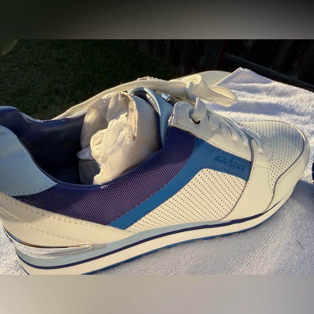 Michael Kors White and Blue Billie Trainer Sneakers